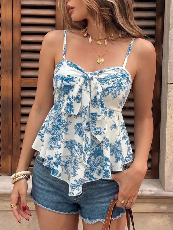 Floral Print Tie Front Ruffle Hem Cami - Women's Clothing & Dresses USA