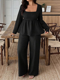 Plus Size Square Neck Long Sleeve Top and Pants Two-Piece Set Thumbnail 13