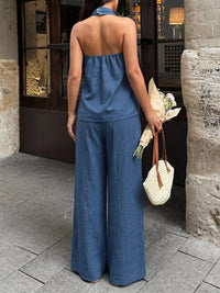 Halter Neck Top and Wide-Leg Pants Set Thumbnail 5
