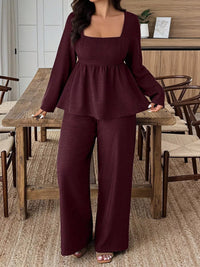 Plus Size Square Neck Long Sleeve Top and Pants Two-Piece Set Thumbnail 6
