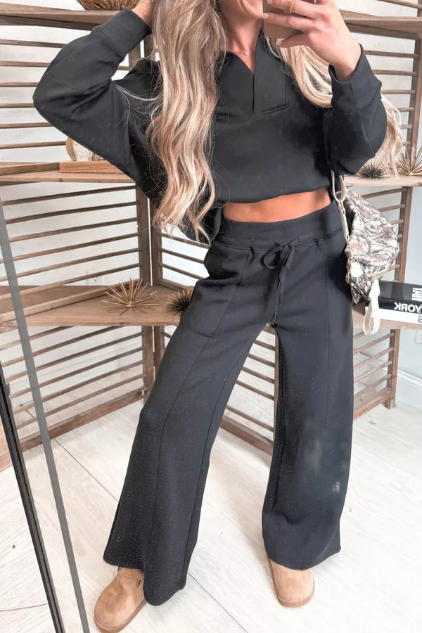 Collared V Neck Pullover Sweatshirt Sweatpants Set - Alternate View - WE4U Fashion USA