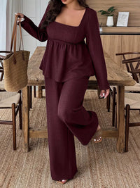 Plus Size Square Neck Long Sleeve Top and Pants Two-Piece Set Thumbnail 9