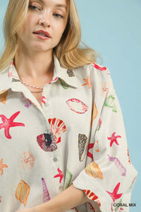 Umgee Seashell & Starfish Print Button-Down Top Thumbnail 4