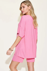 Basic Bae Full Size V-Neck Drop Shoulder T-Shirt and Shorts Set Thumbnail 2