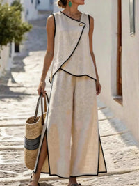 Contrast Trim Top and Slit Pants Set Thumbnail 1