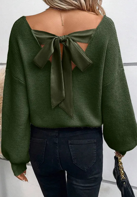 Tied Back V-Neck Long Sleeve Sweater - Women's Clothing & Dresses USA