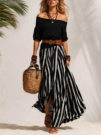 Off Shoulder Top and Striped Maxi Skirt Set Thumbnail 4