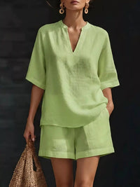 Full Size Notched Half Sleeve Top and Shorts Set Plus Size Thumbnail 6