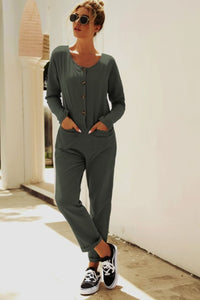 Buttoned Drop Shoulder Pocket Jumpsuit Thumbnail 8