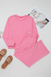 Stripe Drop Shoulder Round Neck Top and Buttoned Straight Pants Two Piece Set Thumbnail 7