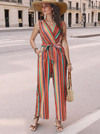 Striped Sleeveless Tie Waist Jumpsuit Thumbnail 1