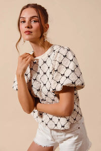 SO ME Bow Texture Woven Bubble Sleeve Top Thumbnail 4
