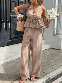 Striped Sleeveless Top and Wide Leg Pants Set Thumbnail 1