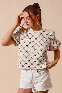 SO ME Bow Texture Woven Bubble Sleeve Top Thumbnail 7