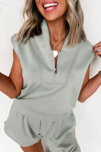 Quarter Zip Sleeveless Top Drawstring Shorts Casual 2pcs Outfit Thumbnail 3