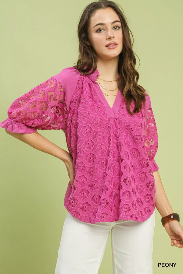 Umgee Linen V-Neck Lace Puff Sleeve Top - Women's Clothing & Dresses USA