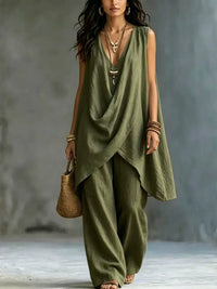 Sleeveless Asymmetrical Top and Wide-Leg Pants Set Thumbnail 7