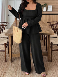 Plus Size Square Neck Long Sleeve Top and Pants Two-Piece Set Thumbnail 12
