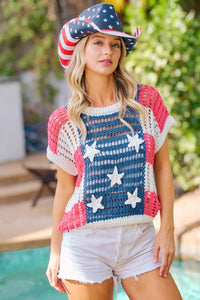 BiBi Crochet Star Patches 4th Of July Sweater Cover Up Thumbnail 4