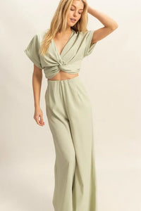 HYFVE Twisted Front Short Sleeve Top and Wide Leg Pants Set Thumbnail 2