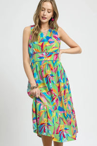 Umgee Ruffled Hem Printed Sleeveless Midi Dress Thumbnail 1