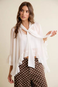 Sheer Ruffle Bell Sleeve Bow Tie Blouse Thumbnail 1