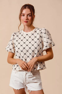 SO ME Bow Texture Woven Bubble Sleeve Top Thumbnail 1