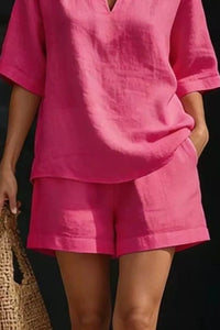 Notched Half Sleeve Top and Shorts Set Thumbnail 3