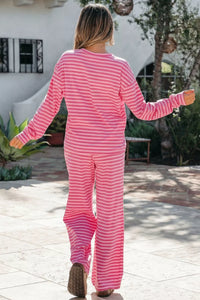 Stripe Drop Shoulder Round Neck Top and Buttoned Straight Pants Two Piece Set Thumbnail 4