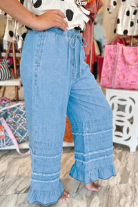 Ruffled Hem Wide Leg Chambray Jeans Thumbnail 2