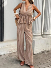 Striped Sleeveless Top and Wide Leg Pants Set Thumbnail 3