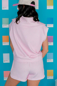 Plaid Zip Neck Sleeveless Top Elastic Waist Shorts Casual Two Piece Set Thumbnail 4