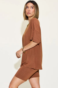 Basic Bae Full Size V-Neck Drop Shoulder T-Shirt and Shorts Set Thumbnail 10