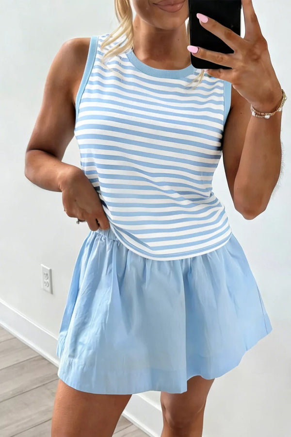 Stripe Slim Tank Contrast Ruffle Mini Skort Set - Alternate View - WE4U Fashion USA