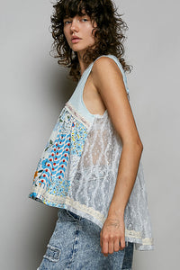 POL Floral V-Neck Sheer Tank with Lace Trim Thumbnail 3