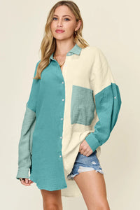 Double Take Full Size Pocketed Texture Button Up Shirt Thumbnail 1