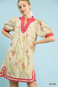 Umgee Floral Puff Sleeve Dress with Contrast Trim Thumbnail 3