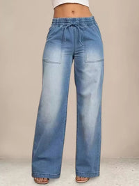 Drawstring Waist Wide Leg Jeans Thumbnail 5