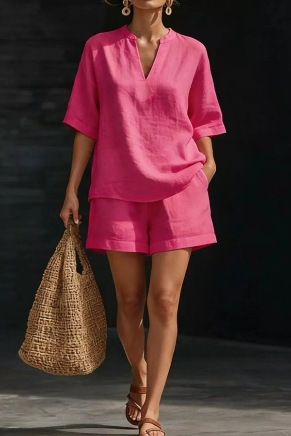 Notched Half Sleeve Top and Shorts Set - Women's Clothing & Dresses USA