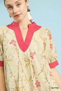 Umgee Floral Puff Sleeve Dress with Contrast Trim Thumbnail 6