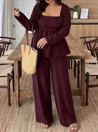Plus Size Square Neck Long Sleeve Top and Pants Two-Piece Set Thumbnail 8