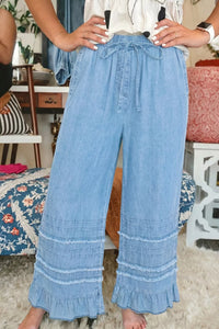 Ruffled Hem Wide Leg Chambray Jeans Thumbnail 4