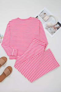 Stripe Drop Shoulder Round Neck Top and Buttoned Straight Pants Two Piece Set Thumbnail 8