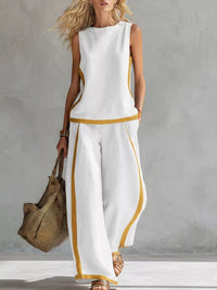 Full Size Contrast Stripe Sleeveless Top & Wide-Leg Pants Set Plus Size Thumbnail 3