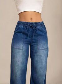 Drawstring Waist Wide Leg Jeans Thumbnail 2