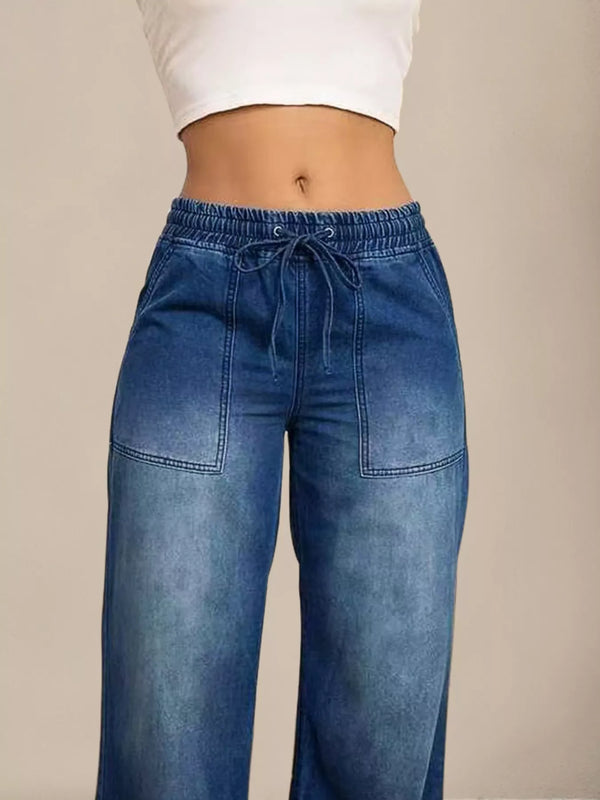 Drawstring Waist Wide Leg Jeans - Alternate View - WE4U Fashion USA