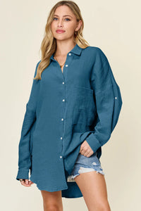 Double Take Full Size Pocketed Texture Button Up Shirt Thumbnail 14