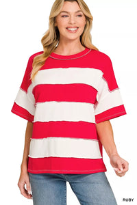 Zenana French Terry Striped Exposed Seam Top Thumbnail 1