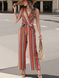 Striped Sleeveless Tie Waist Jumpsuit Thumbnail 4