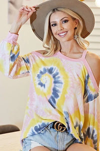 BiBi Tie Dye Print Terry Top with Cold Shoulder Detail Thumbnail 5